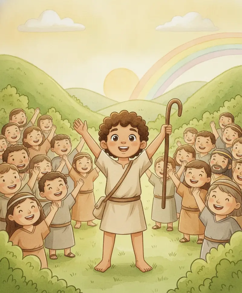 Davi celebra de braços erguidos no vale ensolarado, cercado por uma multidão feliz.