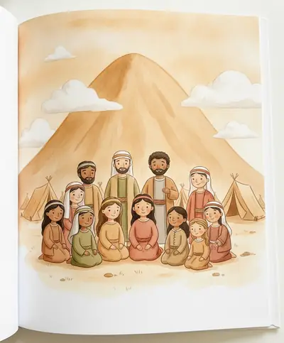 O povo de Israel descansa em tendas no vale ao pé de uma grande montanha no deserto.