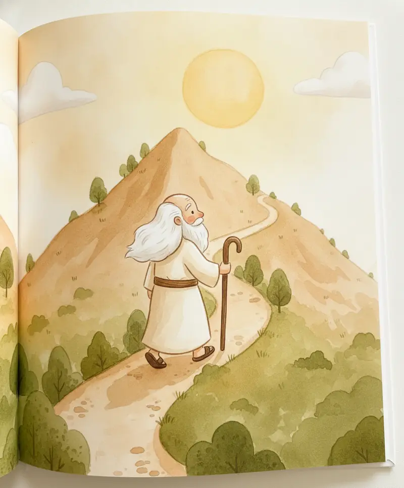 Moisés sobe a montanha com seu cajado, olhando para uma luz suave no céu.