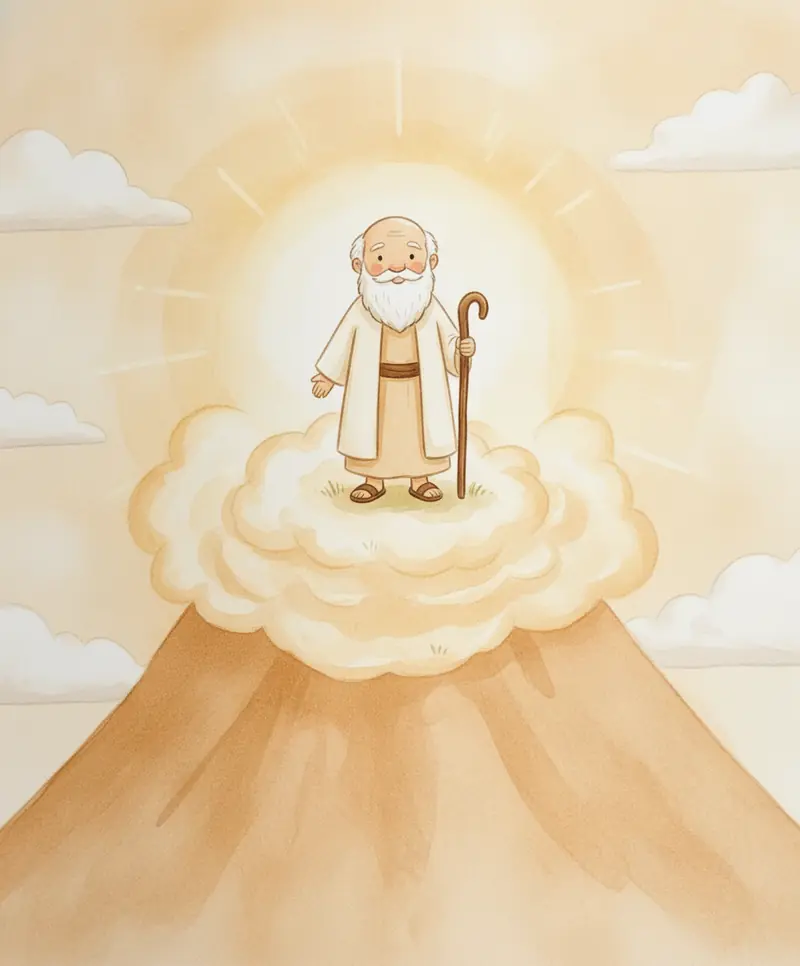 Moisés ouve Deus no topo da montanha, envolvido por uma nuvem dourada e brilhante.