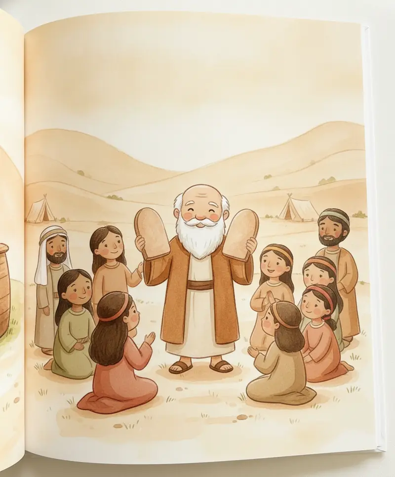 Moisés mostra as tábuas de pedra ao povo de Israel, que o ouve com alegria no vale.