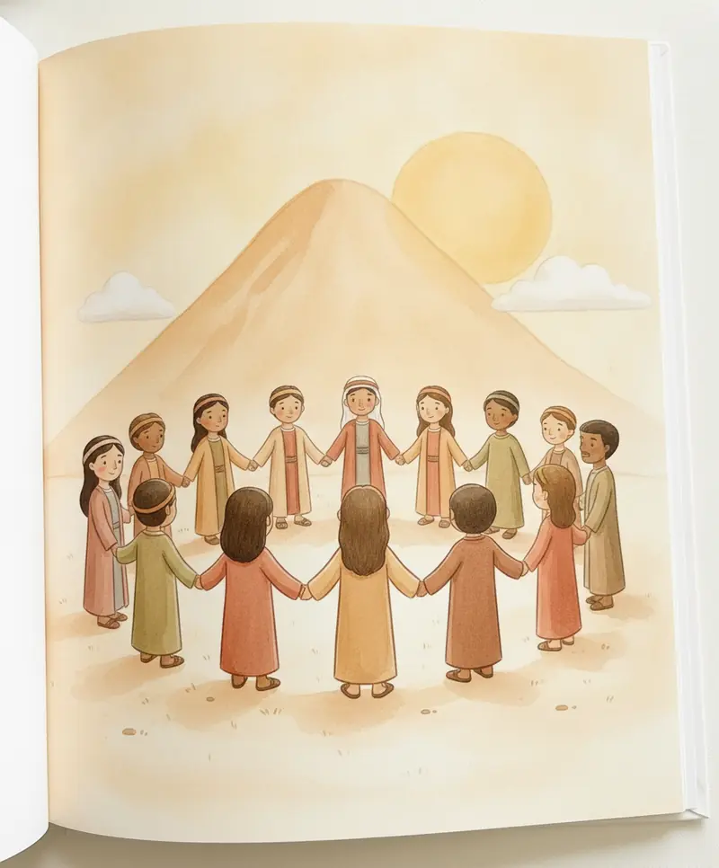 O povo de Israel de mãos dadas em círculo no vale, sob um céu dourado, em paz e união.