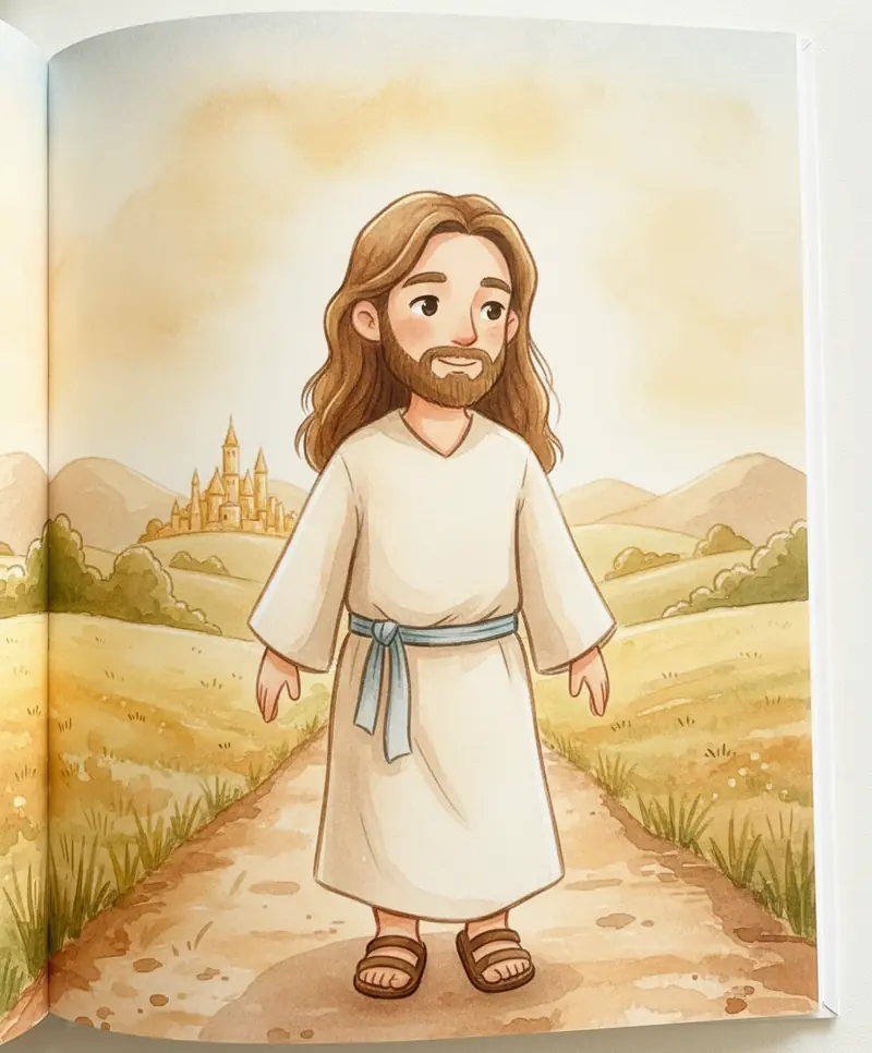 Jesus caminha por uma estrada ensolarada perto de uma cidade distante e dourada.