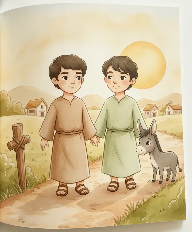 Dois amigos caminham até uma pequena aldeia onde um jumentinho cinza espera mansamente.