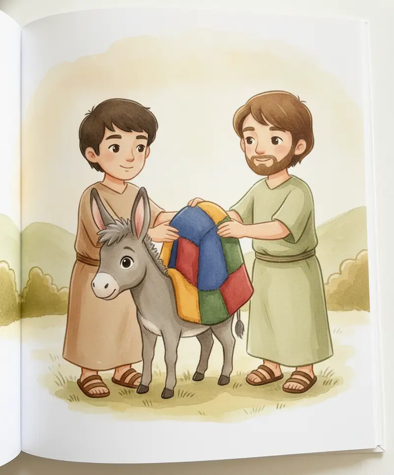 Os amigos colocam capas dobradas sobre o jumentinho enquanto Jesus observa com carinho.