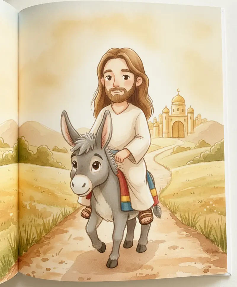 Jesus segue montado no jumentinho em direção à cidade dourada, sob luz suave.