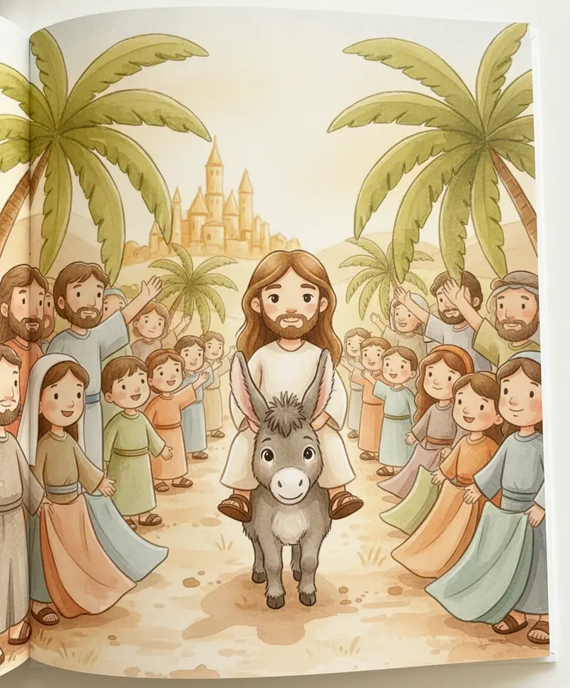 Pessoas alegres estendem capas e agitam galhos verdes para receber Jesus no jumentinho.