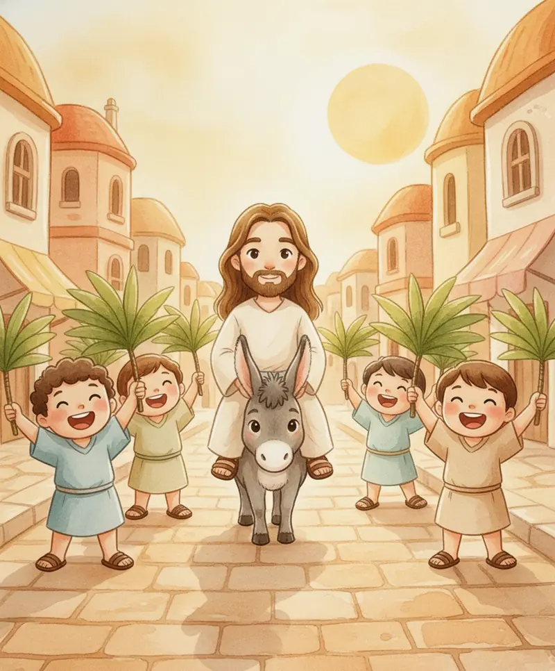 Crianças felizes agitam galhos de palmeira e cantam enquanto Jesus passa montado no jumentinho.