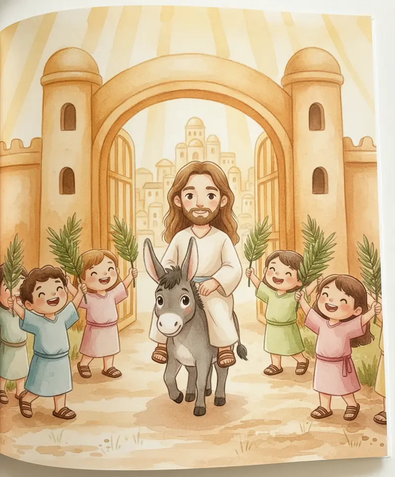 Jesus chega à cidade dourada cercado por crianças felizes com galhos de palmeira, sob luz suave.