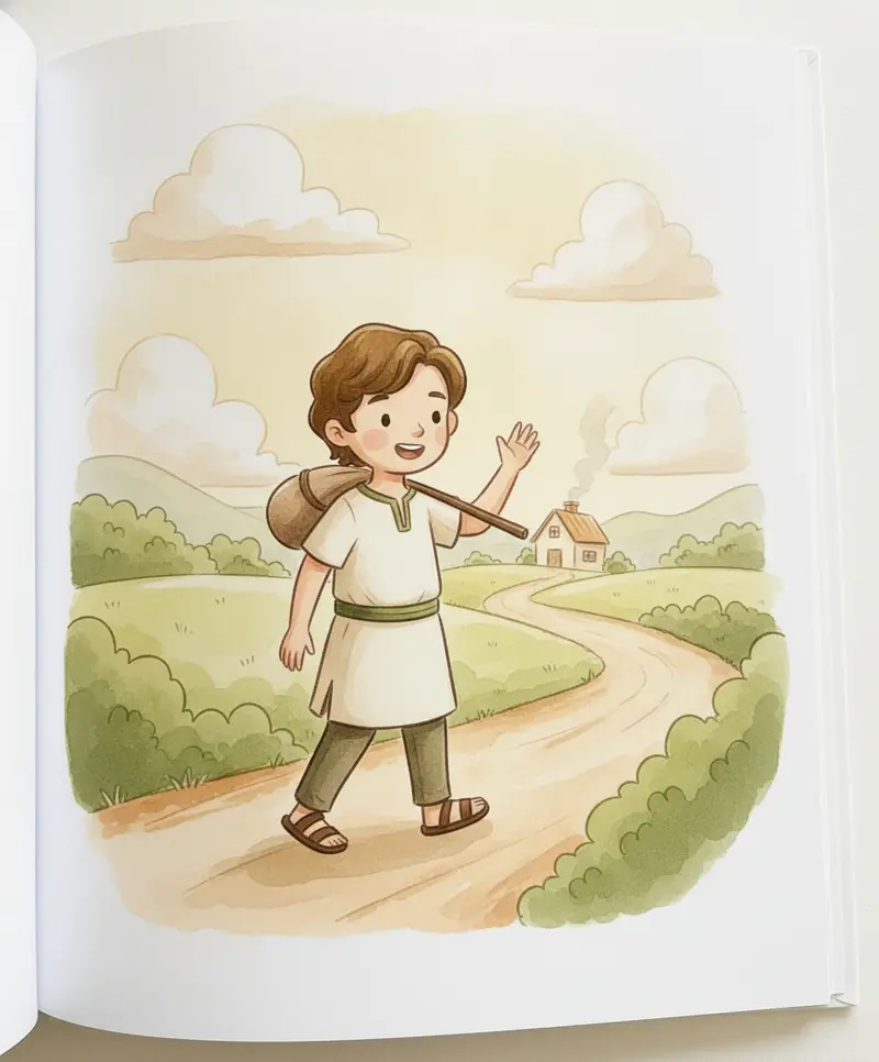 O filho mais novo caminha por uma estrada acenando para a fazenda enquanto parte para uma terra distante.