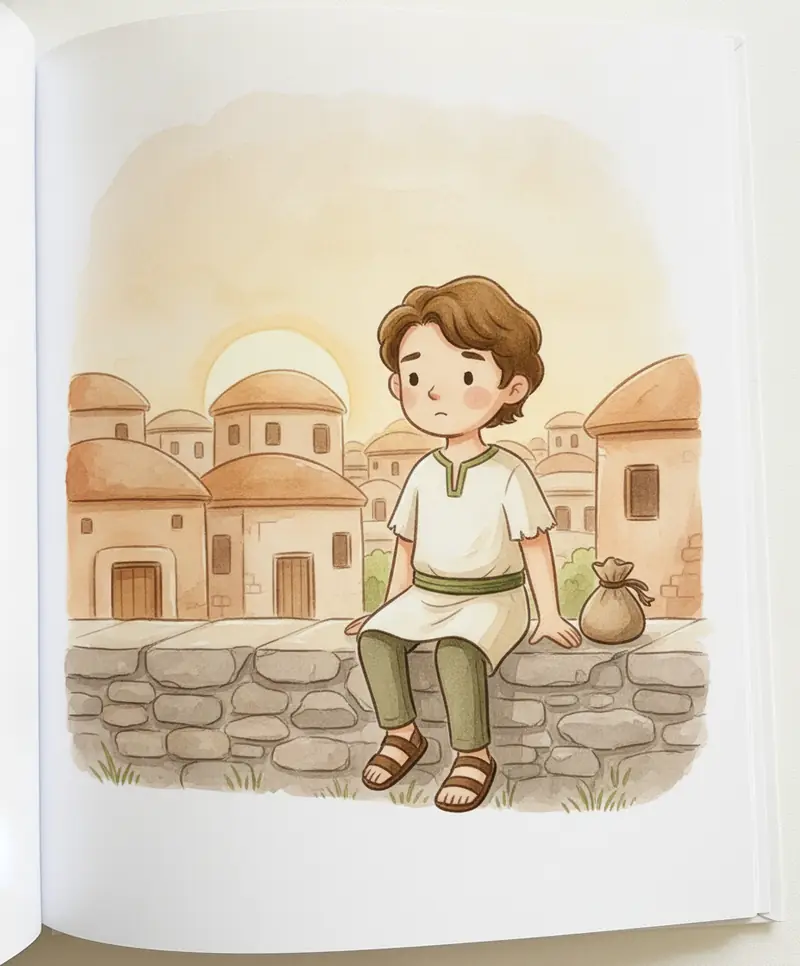 O filho mais novo está sentado sozinho e pensativo numa cidade distante, com sua bolsa vazia ao lado.