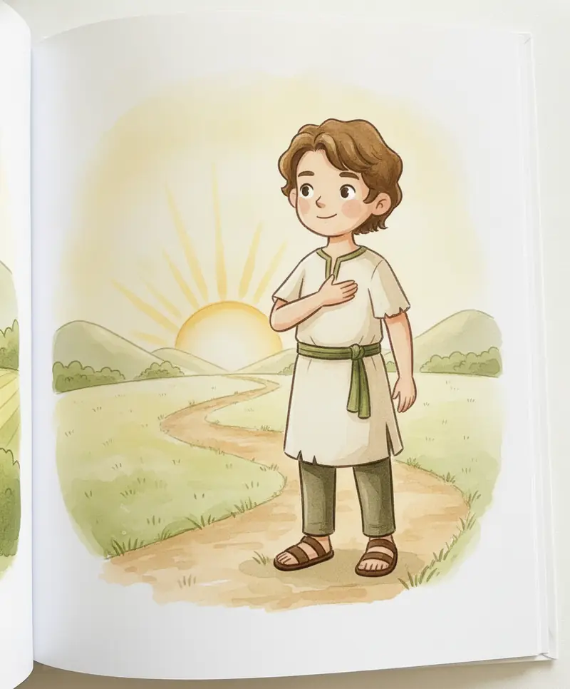O filho mais novo se levanta com esperança e começa a longa caminhada de volta para casa pelos campos.