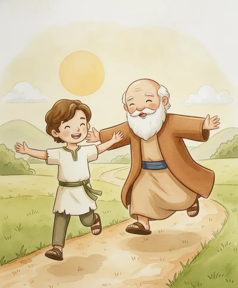 O pai corre de braços abertos e abraça com alegria o filho mais novo que volta pela estrada.