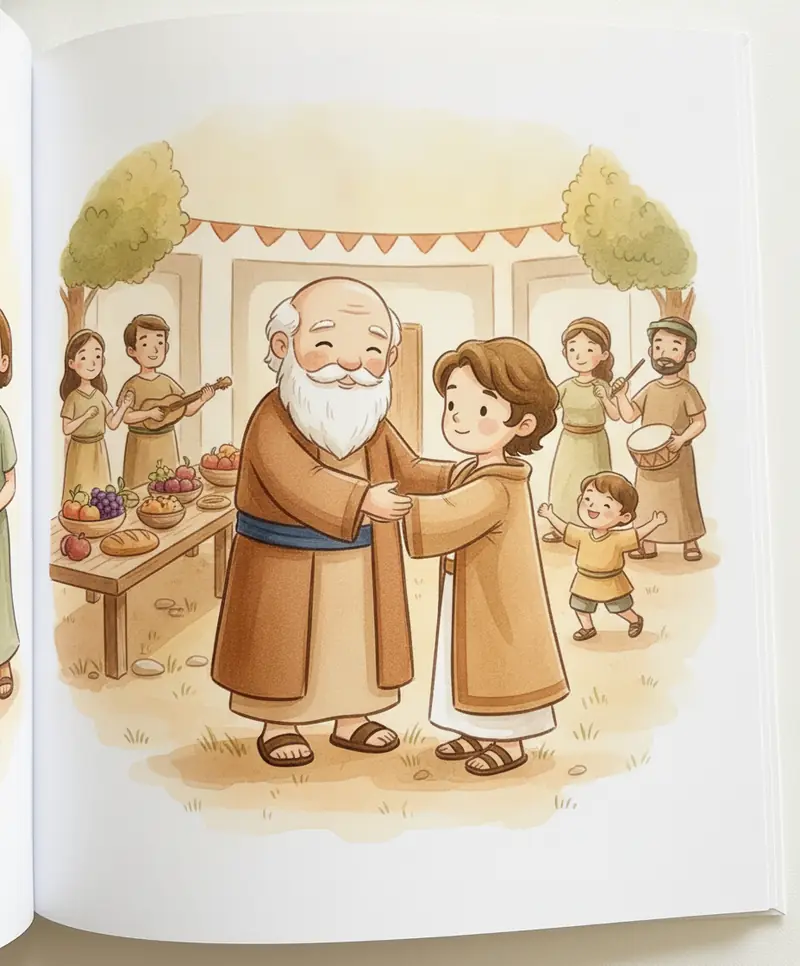 O pai veste o filho com uma roupa nova durante uma alegre festa com música e mesas cheias de comida.