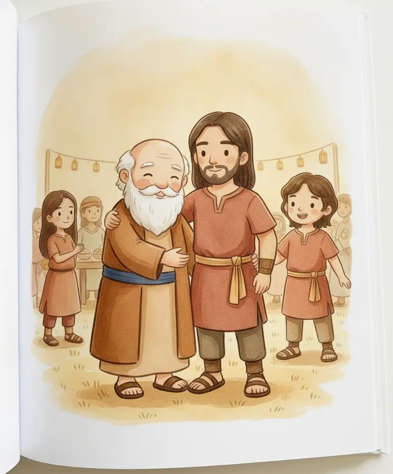 O pai abraça carinhosamente o filho mais velho perto da festa, com toda a família reunida em paz.