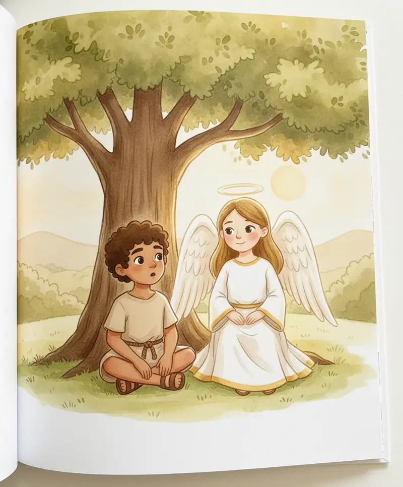 Um anjo luminoso sentado sob uma árvore conversando com Gideão surpreso.