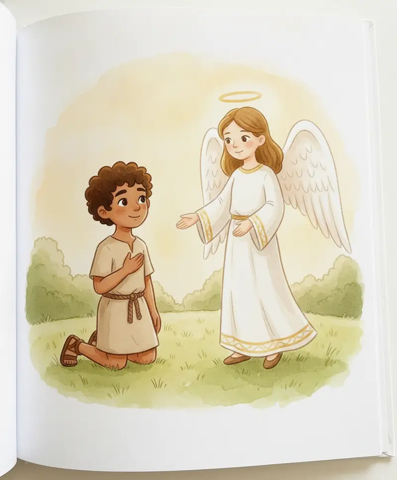 Gideão ajoelhado ouvindo o anjo que estende a mão para confortá-lo.