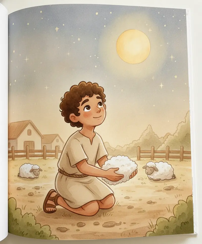 Gideão colocando um tufo de lã no chão sob um céu estrelado à noite.