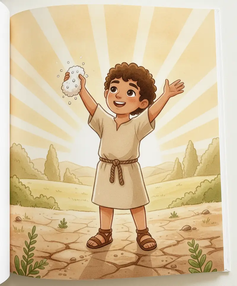 Gideão sorrindo ao erguer a lã molhada de orvalho ao amanhecer.