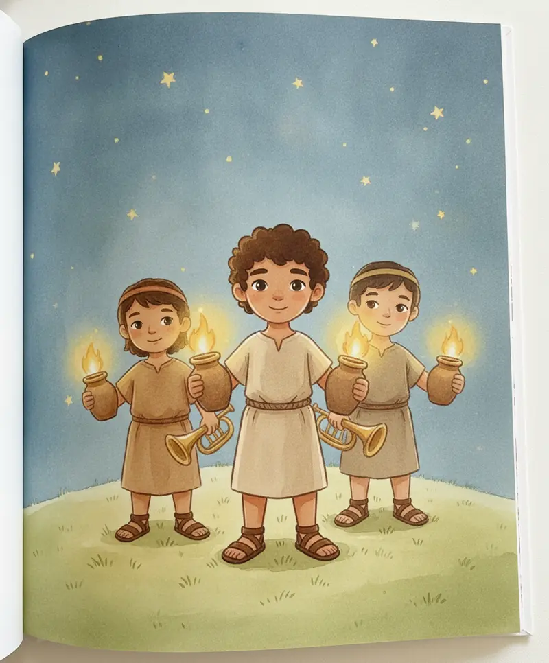 Gideão e seus amigos numa colina à noite segurando jarros com tochas e trombetas.
