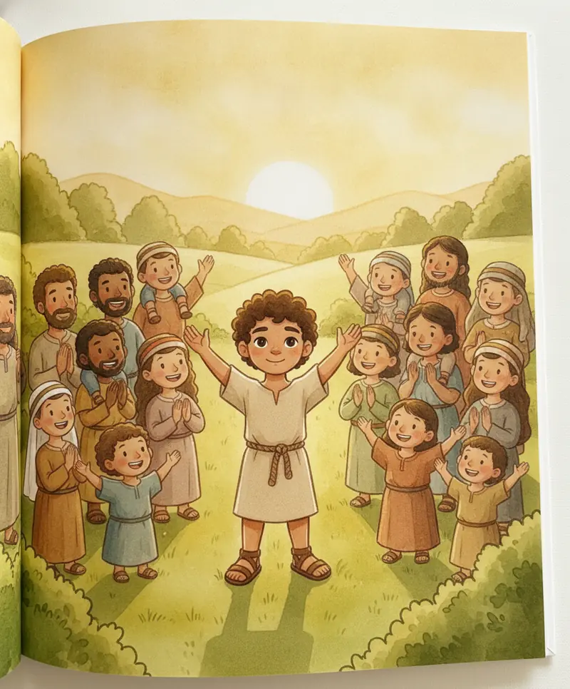 Gideão e o povo felizes e agradecidos num vale ensolarado celebrando a paz.
