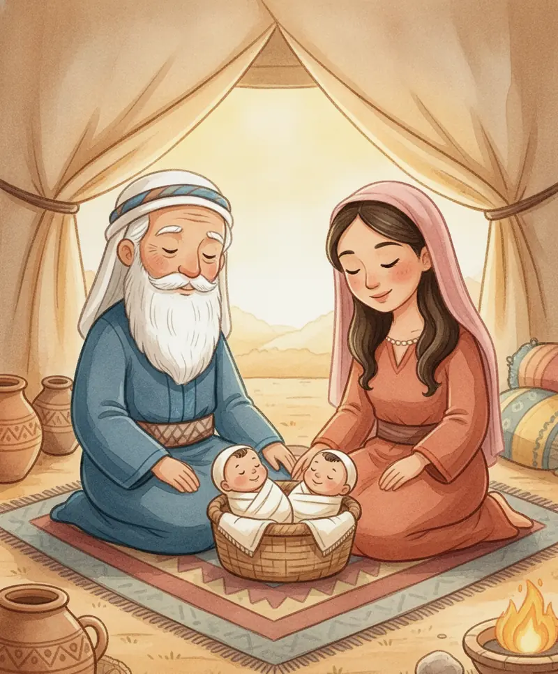 Isaque e Rebeca sorrindo ao lado de dois bebês gêmeos em um cesto dentro da tenda.
