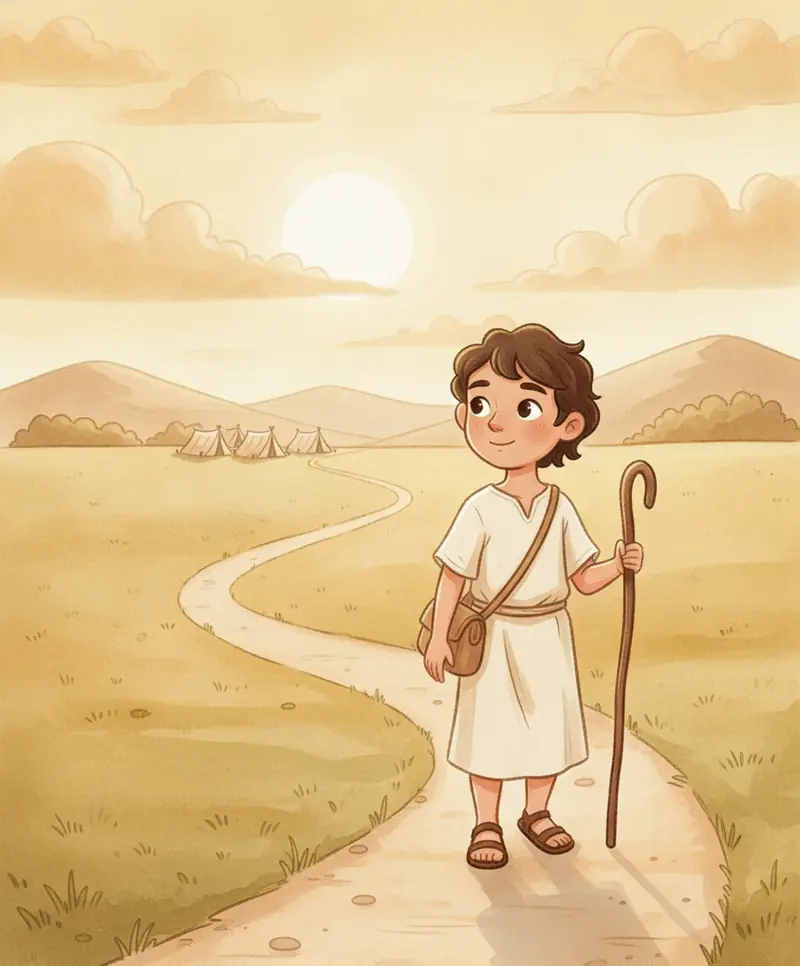 Jacó caminhando sozinho por um caminho ao entardecer, olhando para trás em direção às tendas.