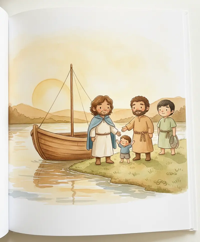 Jesus e seus amigos pescadores entrando juntos num pequeno barco de madeira à beira do mar ao entardecer.