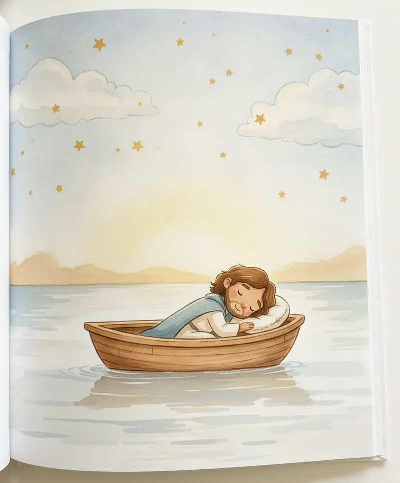 Jesus dormindo tranquilamente sobre um travesseiro na parte de trás do barco em águas calmas à noite.