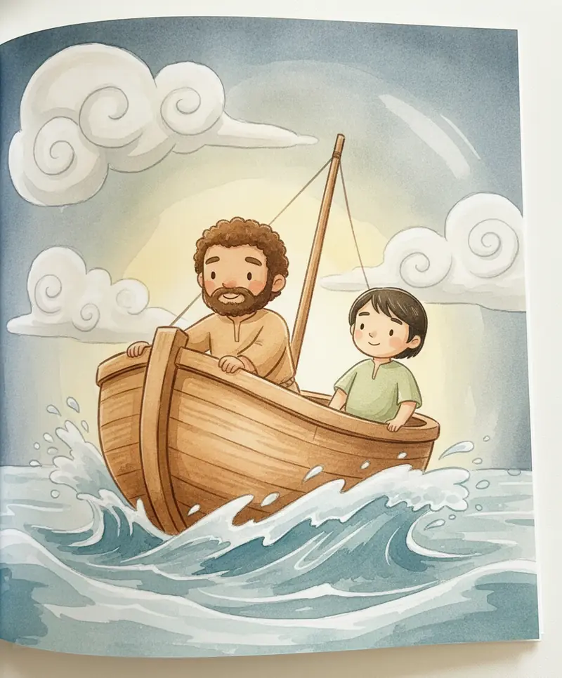 O barquinho balançando em ondas grandes enquanto os pescadores seguram firme nas bordas durante um vento forte.