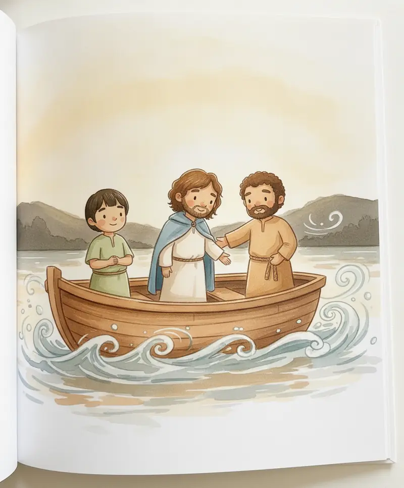 Os pescadores acordando Jesus com cuidado dentro do barco enquanto o vento sopra ao redor.