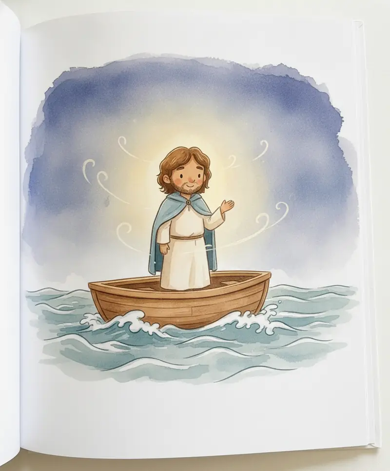 Jesus de pé no barco, com a mão erguida em paz, falando para o vento e as ondas se acalmarem.