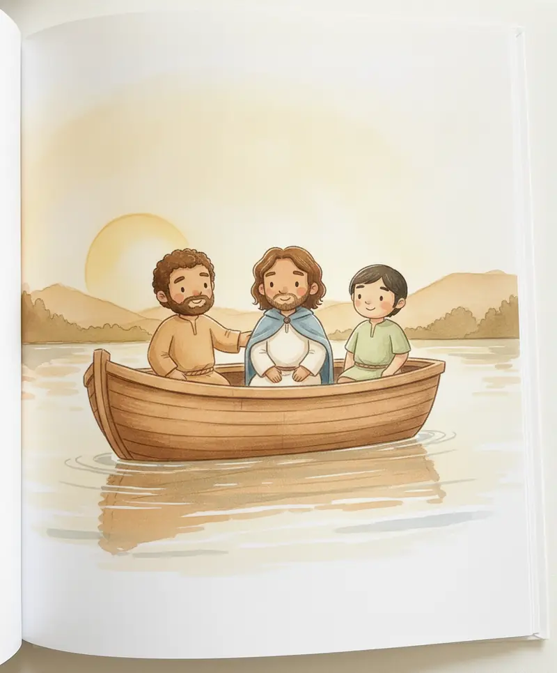 Jesus e seus amigos sorrindo juntos no barco em águas calmas ao amanhecer, cheios de alegria e confiança.