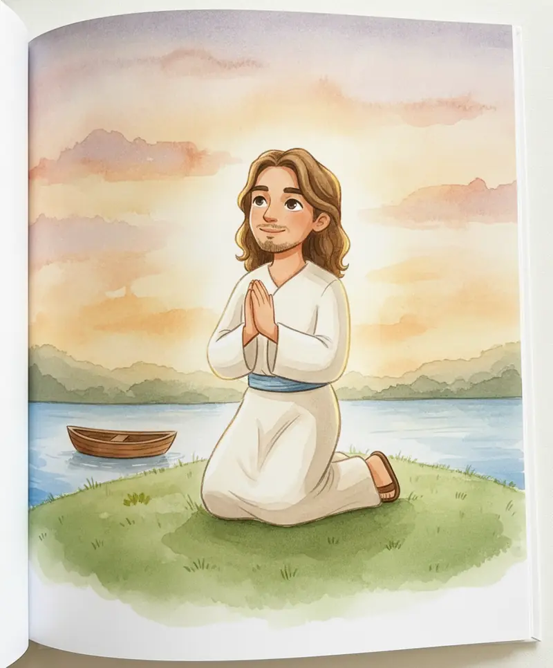 Jesus ajoelhado em uma colina verde, orando ao pôr do sol, com um lago azul ao fundo.