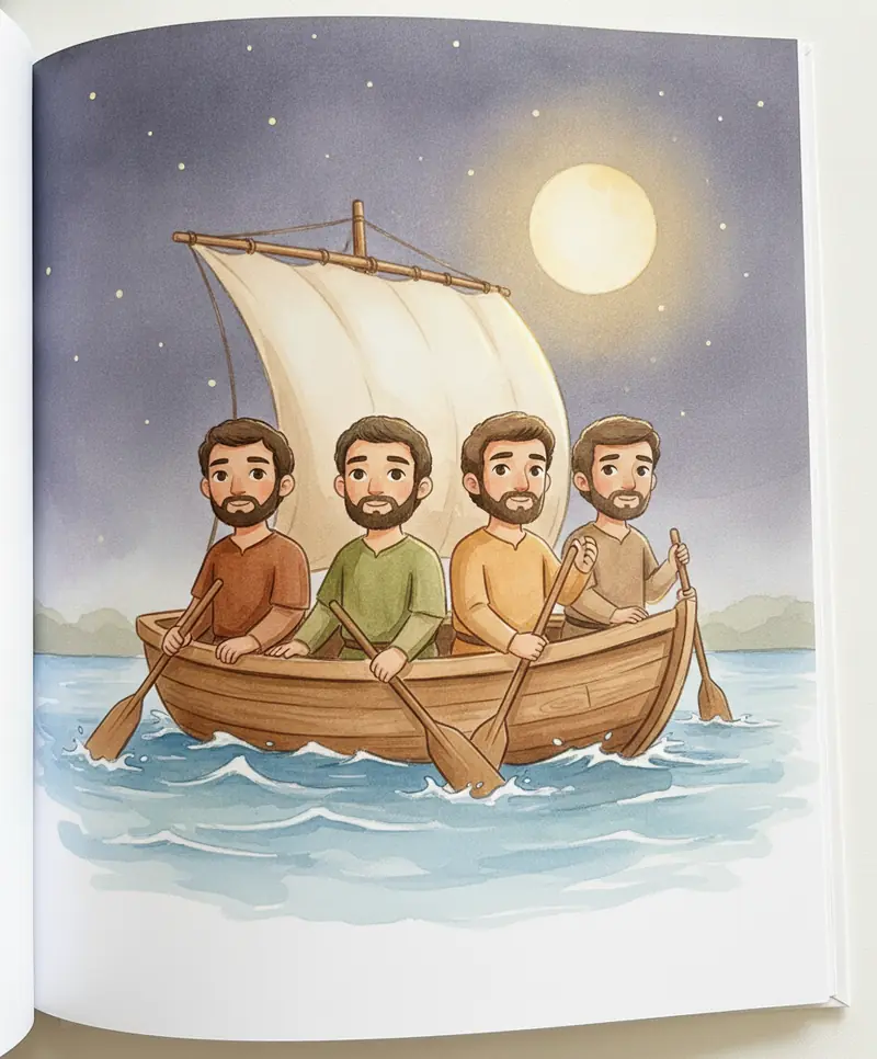Os amigos de Jesus dentro de um barquinho de madeira sobre o lago com ondas suaves à noite.