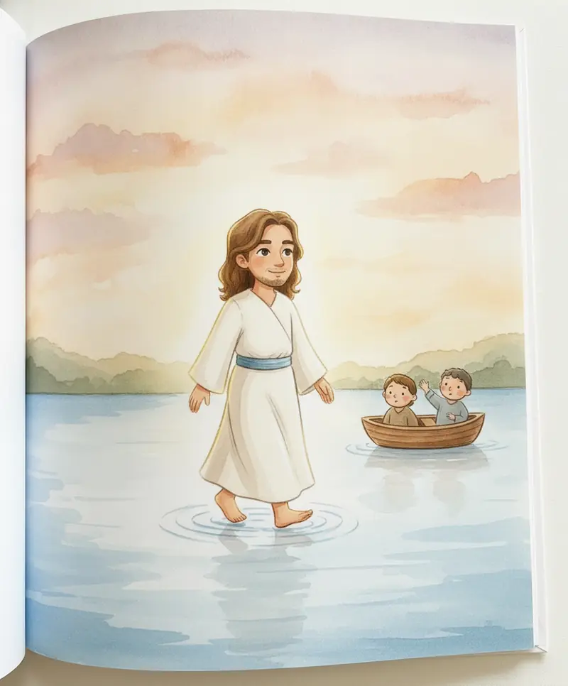 Jesus caminhando calmamente sobre a água do lago ao amanhecer, com o barco dos amigos ao longe.