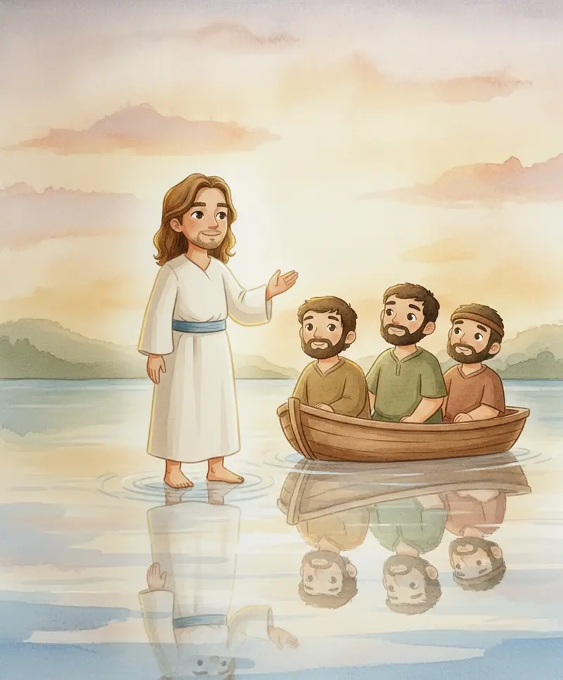 Jesus sobre a água com a mão levantada, falando com carinho aos amigos no barco.