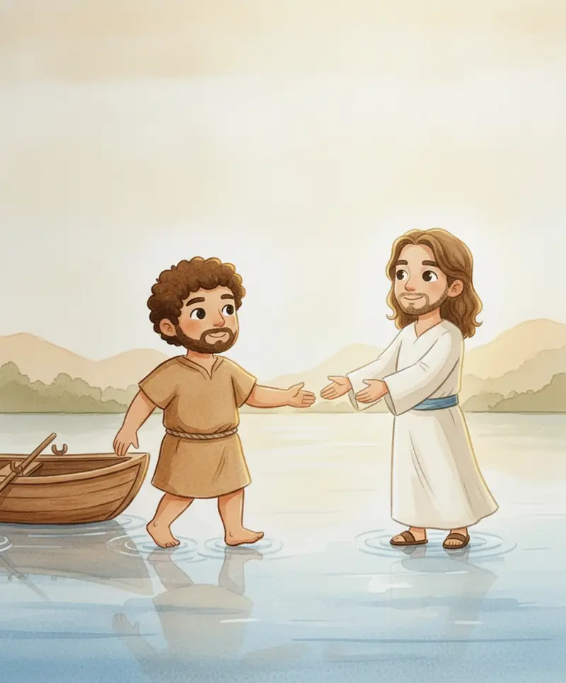 Pedro saindo do barco e caminhando sobre a água em direção a Jesus, que o espera de braços abertos.