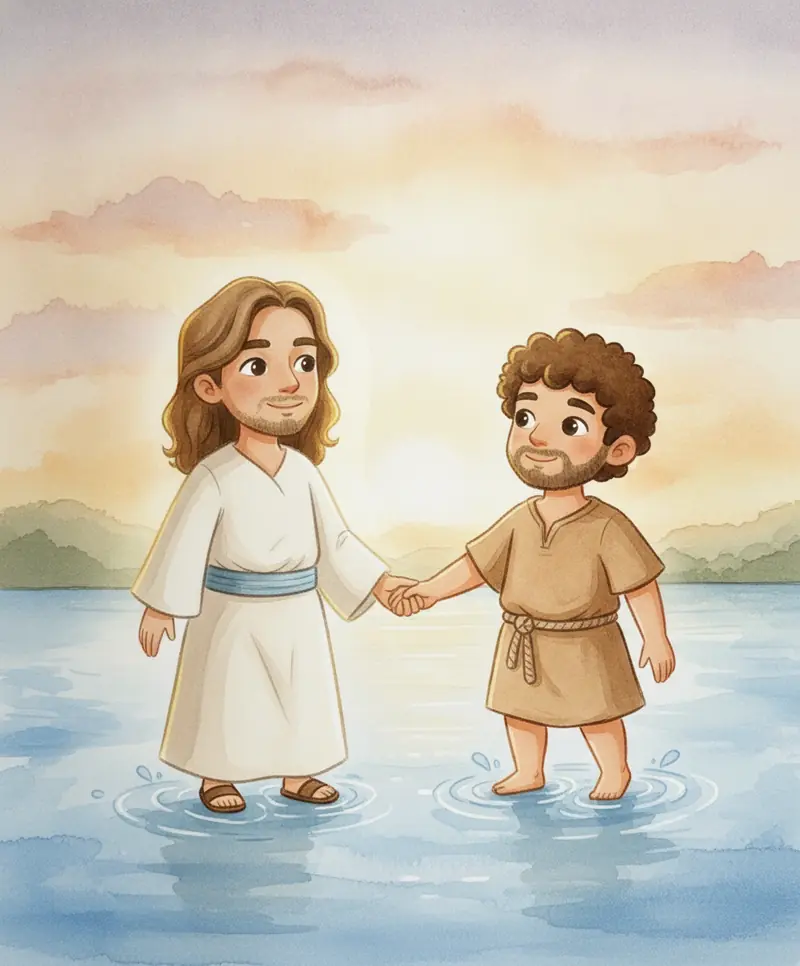 Jesus estendendo a mão e segurando a mão de Pedro sobre a água com carinho.