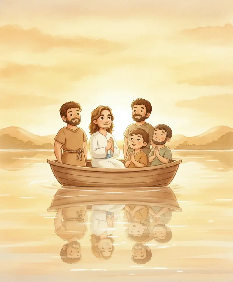 Jesus e seus amigos sentados juntos no barquinho, com o lago calmo e um amanhecer dourado.