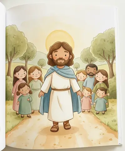 Jesus caminha sorrindo por uma estrada ensolarada enquanto várias pessoas o seguem para ouvi-lo.