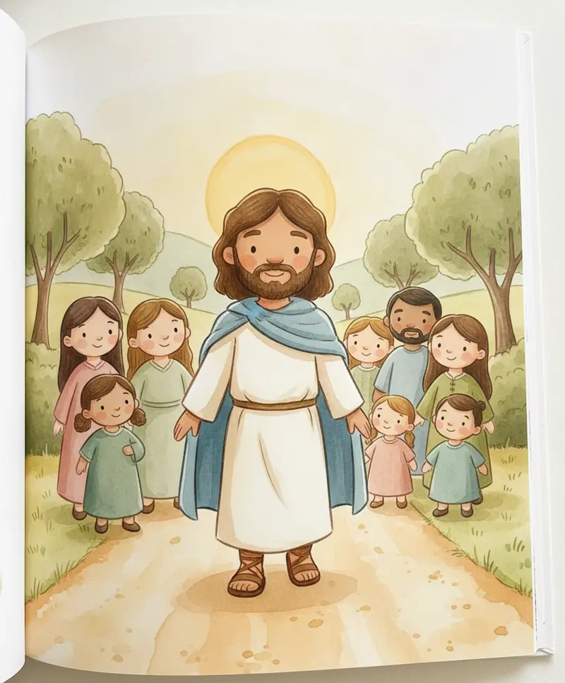 Jesus caminha sorrindo por uma estrada ensolarada enquanto várias pessoas o seguem para ouvi-lo.