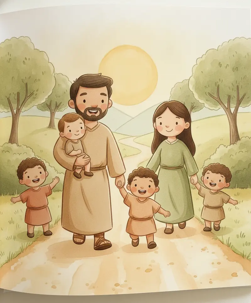 Pais e mães caminham felizes levando seus filhos pela mão em direção a Jesus.