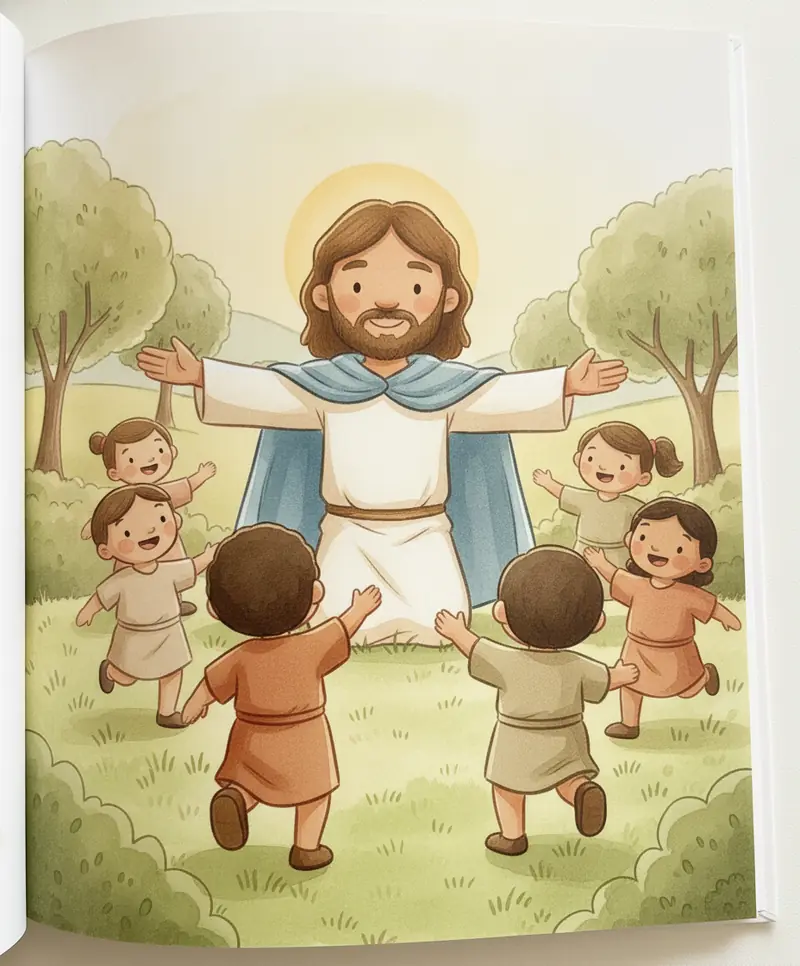 Jesus se ajoelha e abre os braços convidando as crianças para se aproximarem dele.