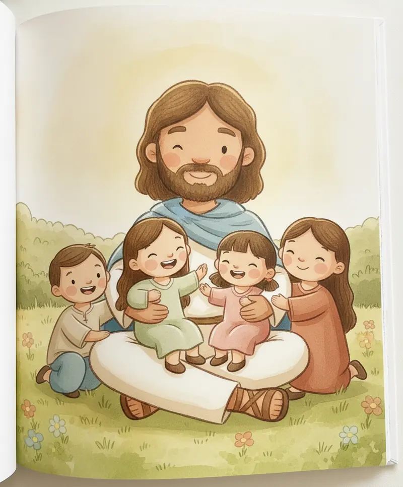 As crianças sorriem sentadas no colo e ao redor de Jesus, que as abraça com alegria.