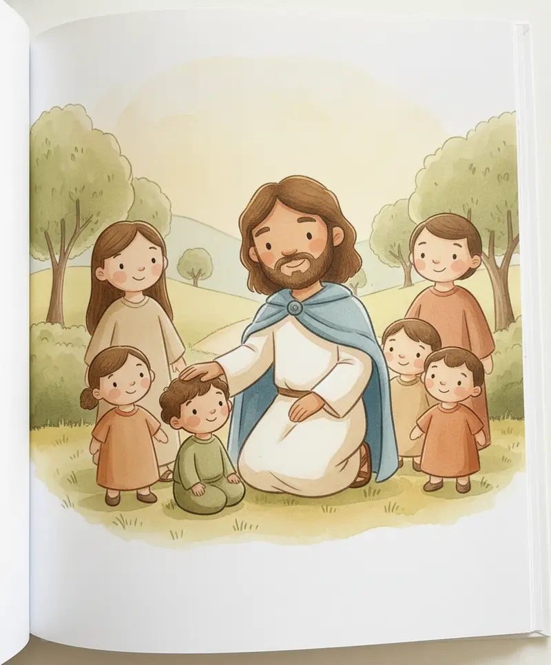 Jesus coloca a mão sobre a cabeça de uma criança para abençoá-la, cercado pelas outras crianças.