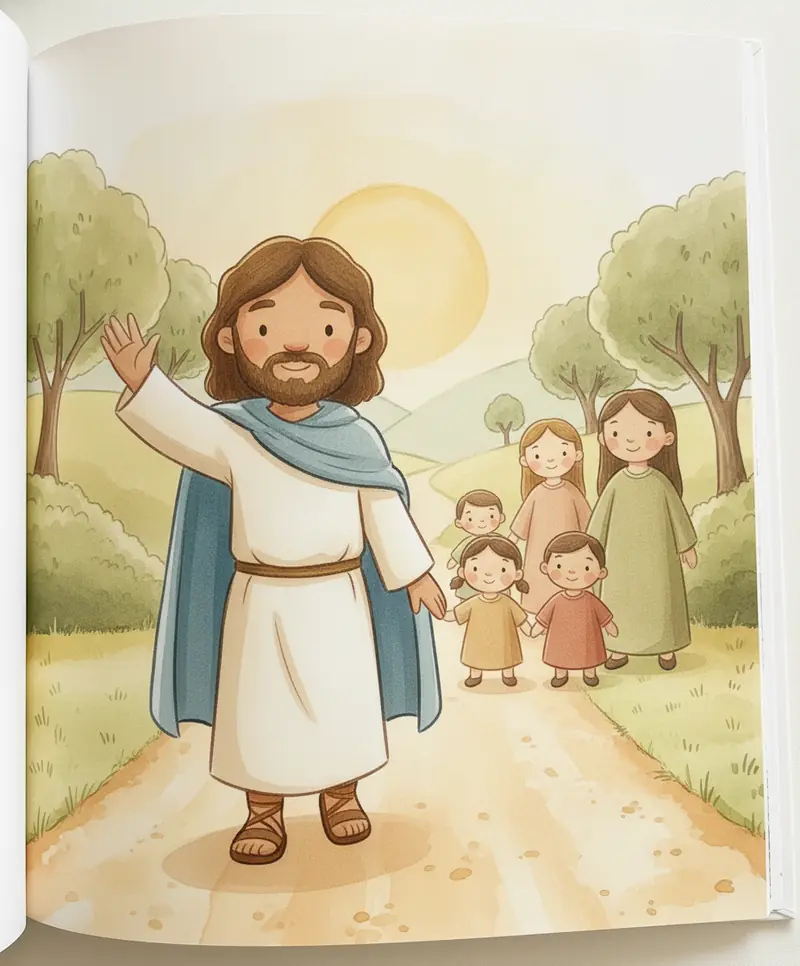 Ao pôr do sol, Jesus acena com carinho enquanto as crianças voltam para casa felizes com seus pais.