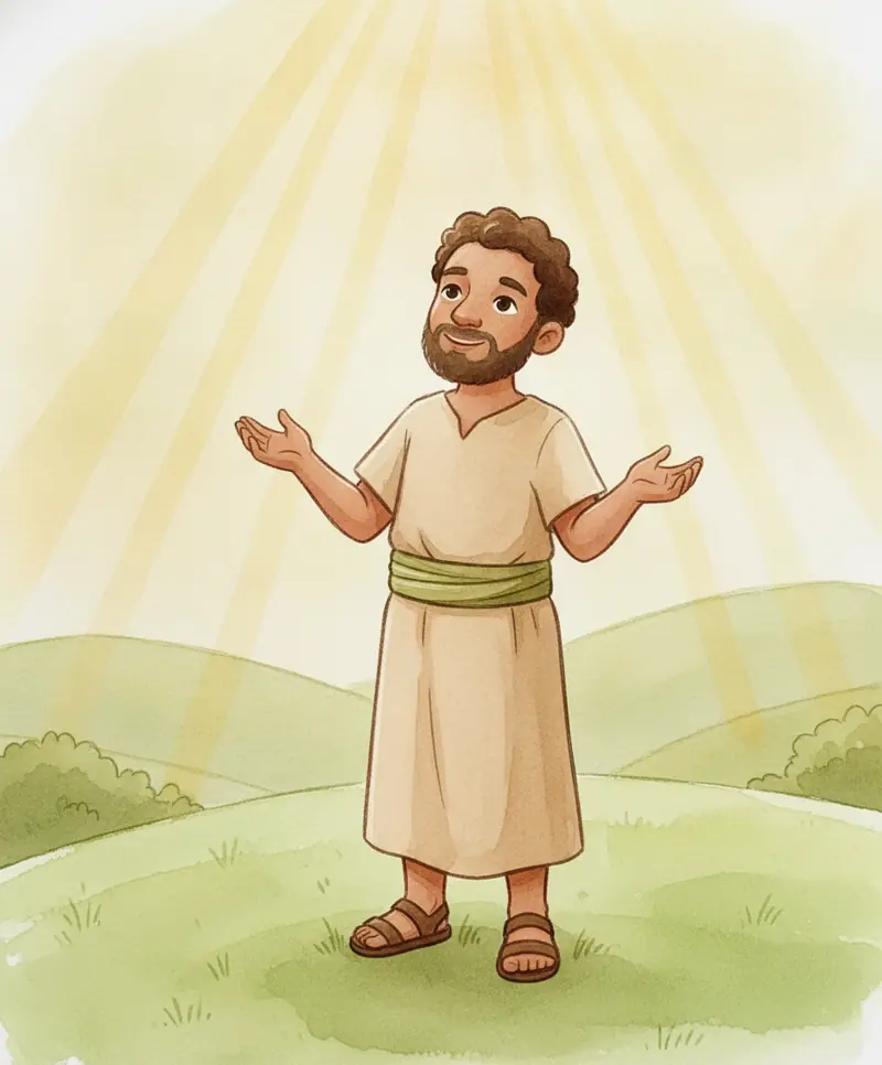 Jonas em uma colina ensolarada olhando para o céu dourado enquanto escuta Deus.