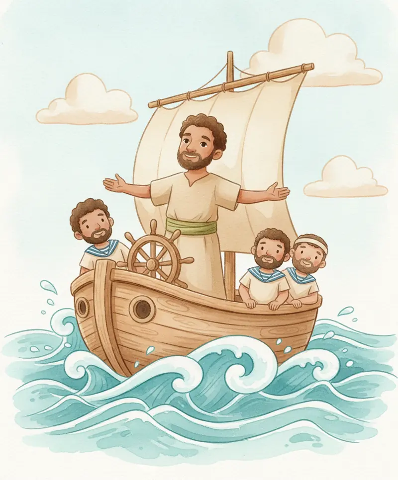 Jonas em pé com coragem no barco enquanto ondas redondas sobem ao redor.