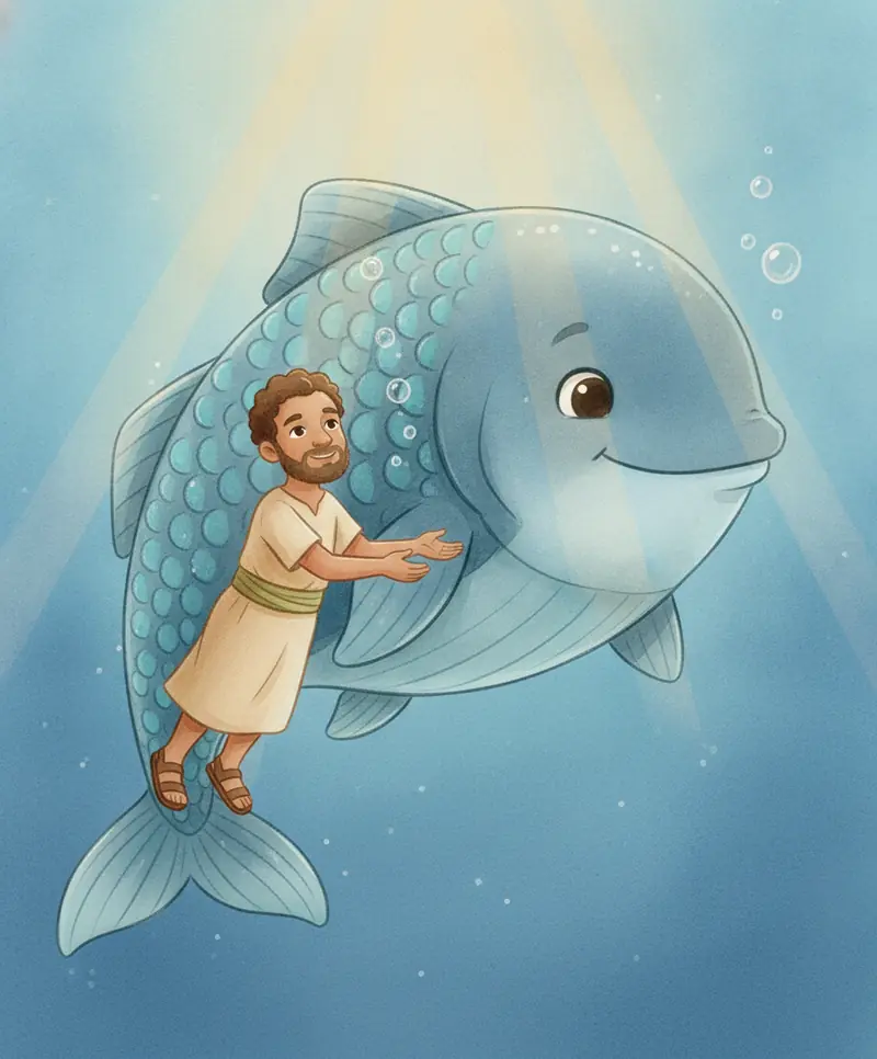 Um grande peixe azul e gentil se aproximando suavemente de Jonas nas águas calmas.